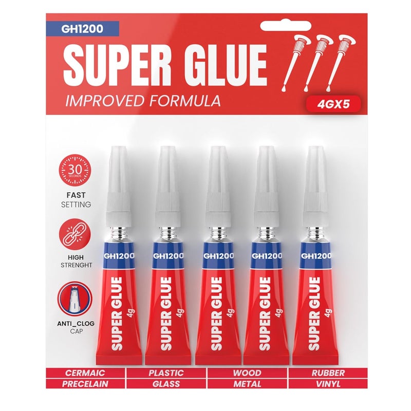 GH1200 -4 Gram x 5 PCs Super Glue for All Purpose - Super Fast, Thick & Strong Adhesive Superglue - Cyanoacrylate Glue for Hard Plastics, DIY Craft, Ceramics, Frame, Leather, Metal Etc - Image 1